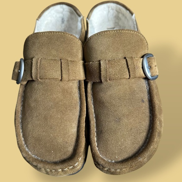 Birkenstock Shoes - Birkenstock Buckley Shearling Suede Leather Clog Mules Tan Brown Size 41
